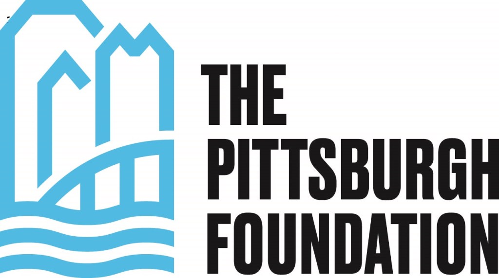 Logo for The Pittsburgh Foundation. Blue cityscape with black text.